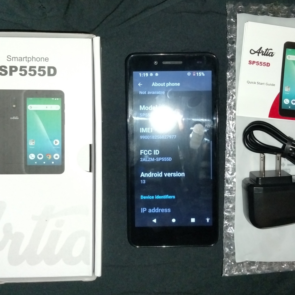 UNUSED OPEN BOX ARTIA SP555D SMARTPHONE WITHOUT BATTERY. ORIG $69. ASKING $22.